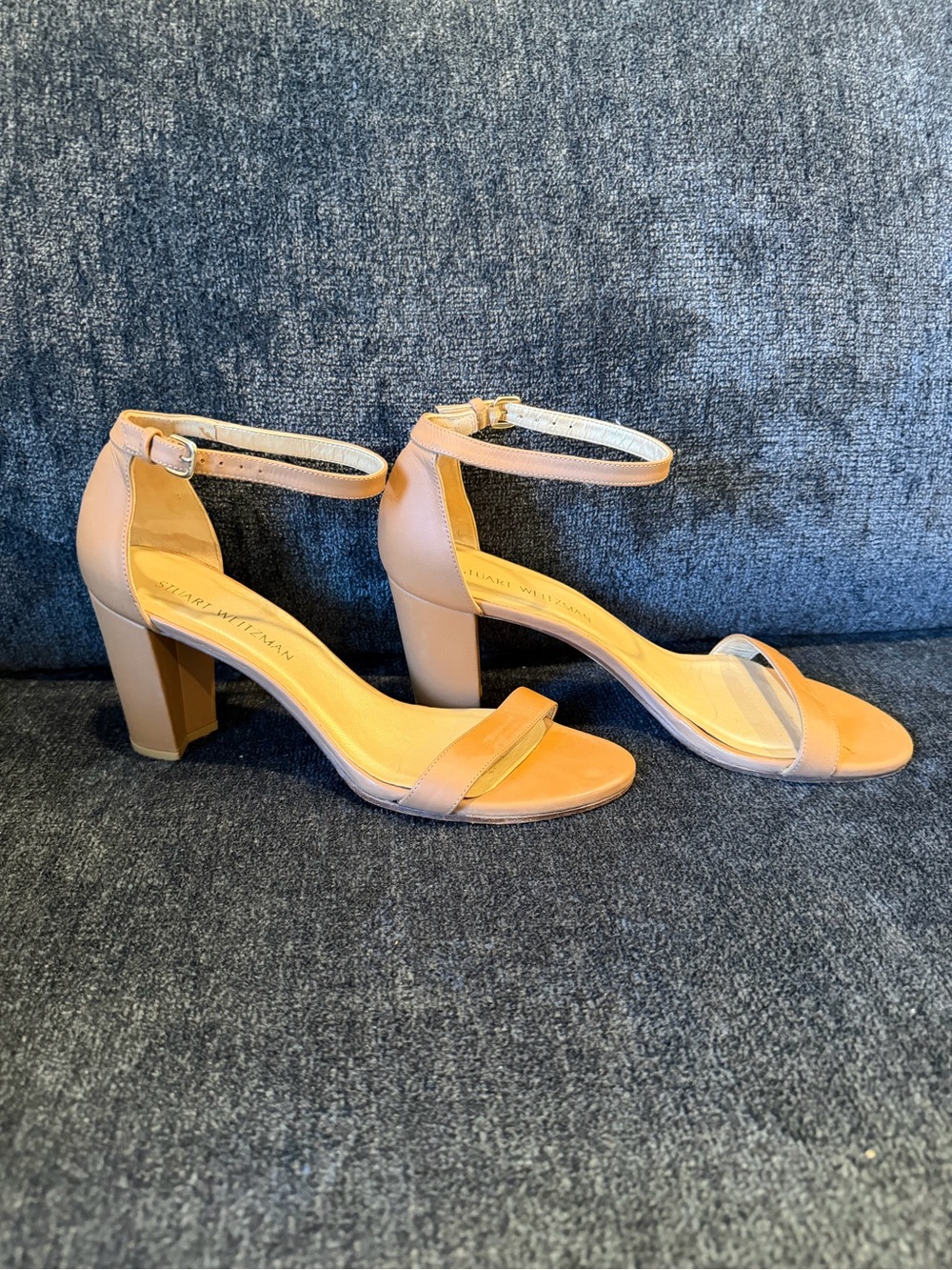 Stuart Weitzman Beige/Tan Ankle-Strap Block Heel Sandals